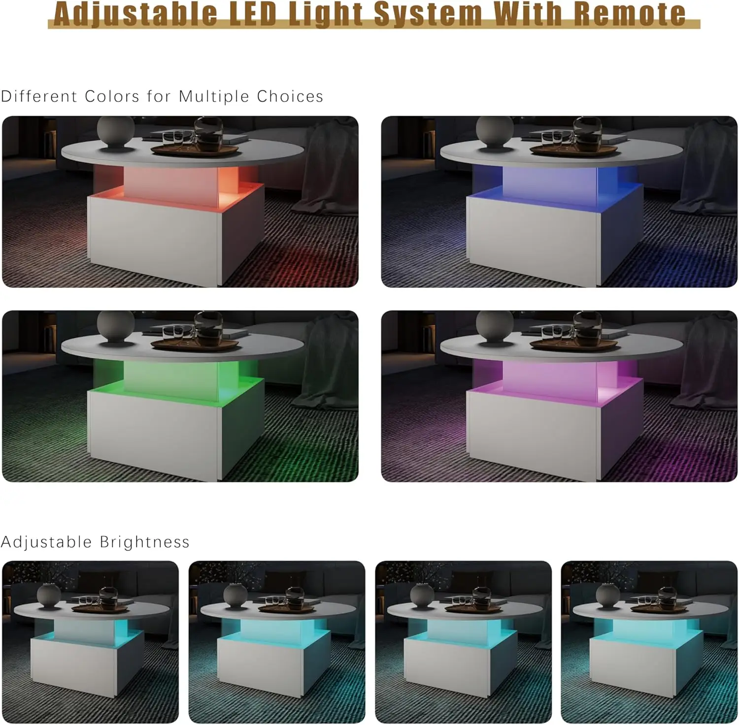 31.5" Modern LED Round Coffee Table - White Acrylic & Wood Center Table with 2 Sliding Drawers,