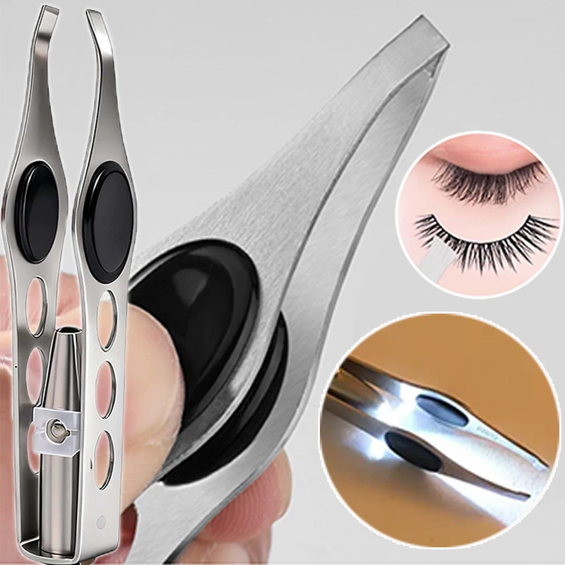 1 pçs portátil de aço inoxidável pinças sobrancelha botão célula design inteligente sobrancelhas cabelo remover pinça com luz led ferramentas maquiagem