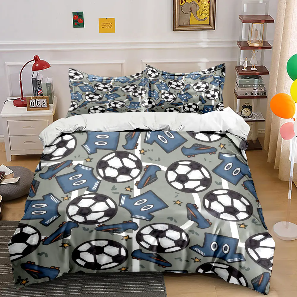 Cartoon Soccer Jersey and Ball Pattern 3PCS Bedding Set Soft Microfiber Bed Sheet Pillowcase Set for Kids Sports Bedroom