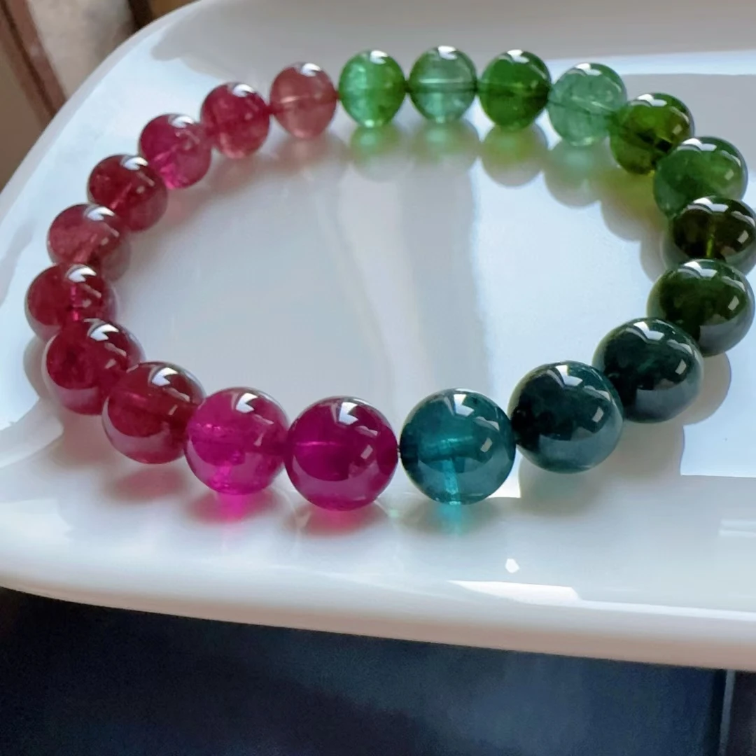 Natural Colorful Tourmaline Clear Round Beads Bracelet 9.3mm Rare Red Green Tourmaline Women Men Jewelry AAAAAAA