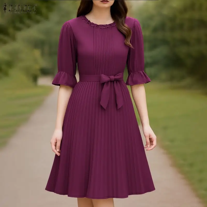 ZANZEA 2026 Sommer-Sonnenkleid für Damen, elegantes plissiertes Kleid mit O-Ausschnitt, kurzen Ärmeln und Schleifen, stilvolles einfarbiges A-Linien-Midikleid für die Arbeit