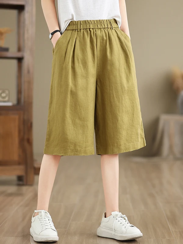 Effet minceur pur coton taille élastique ample décontracté orts Faionable cinq-quarts pantalon jambe large pantalon mi-long