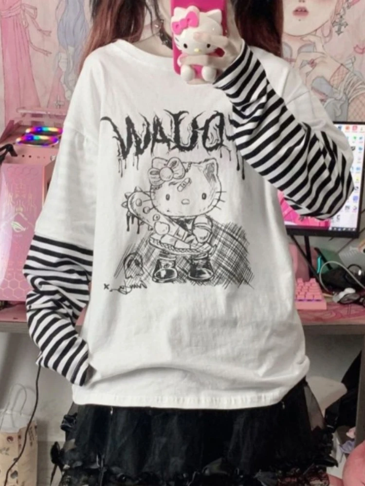 T-shirt gothique à manches longues pour femmes, salle de bain, salle de bain, MERCEDES U, Harajuku, Kawaii, bande dessinée imprimée, patchwork,