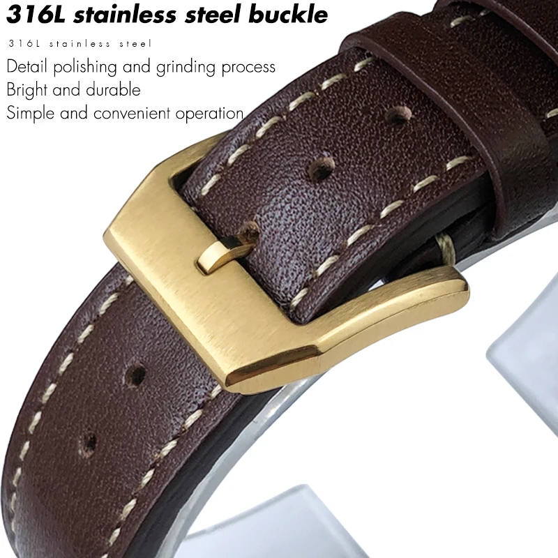 22mm 21mm Brown Genuine Leather Watchband With Rivets Fit for IWC Bronze Big Pilot Golden Buckle Watch Strap Wristband Men