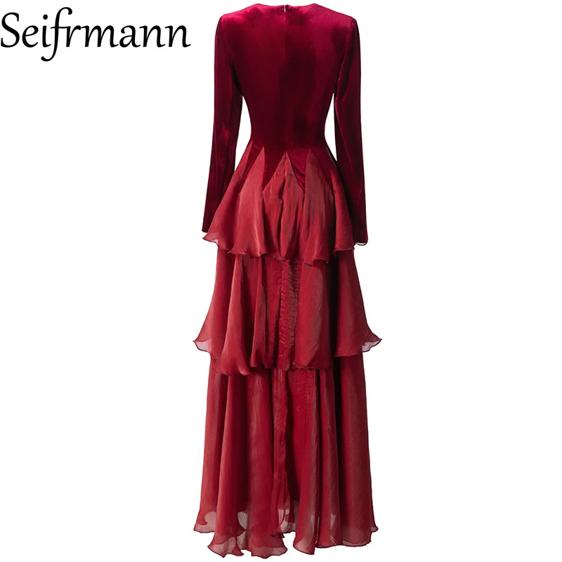 Seifrmann 2026 primavera nova luz feminina luxo elegante com decote em v manga longa cintura com borda de folha de lótus vestido de cor sólida