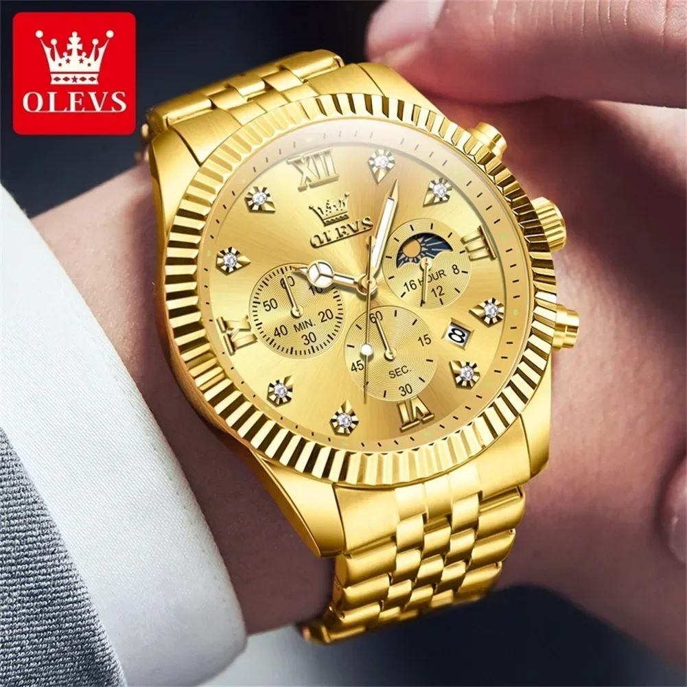 NEW OLEVS 2932 Golden Watches for Men Brand Original Quartz Chronograph Zircon Scale Waterproof Luminous Watch Men Reloj Hombre