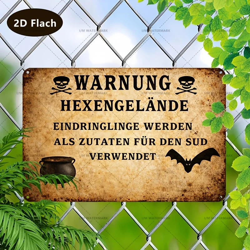 2D Flat 1-Piece German Slogan Vintage Aluminum Metal Sign [Witch's Land/Warning/Invader/Pot/Bat] - Home Art Tin Sign - 8X 12inch , Suitable for Creating a Halloween Atmosphere, Mysterious Style Home Space Decoration, Also Ideal as a Gift for Collectors Who Appreciate Dark Retro Aesthetics, and for Home Decor Enthusiasts, Adding a Unique Artistic Touch to Their Living Room, Studio, Etc