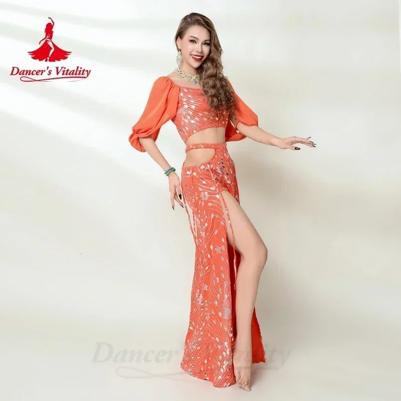 Costume da ballerina di pancia per donna mezza manica Top + stampa gonna lunga 2 pezzi abbigliamento da spettacolo per danza del ventre orientale per adulti