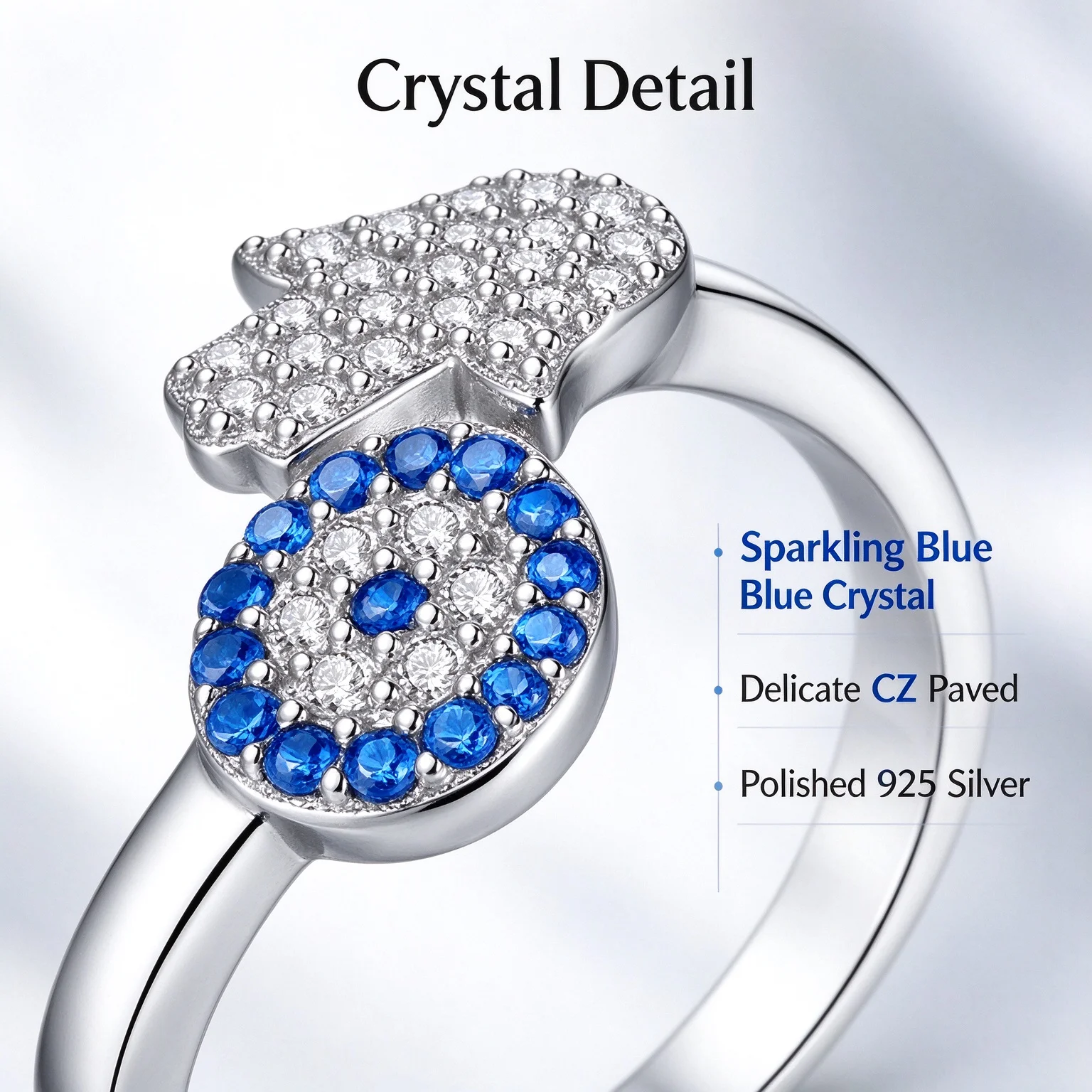 Mysterious 925 Sterling Silver Evil Eye Blue Crystal Zircon Open Adjustable Rings for Women Girls Anniversary Party Jewelry Gift