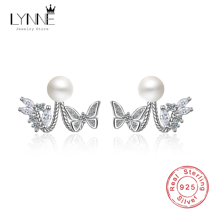 

Fashion Fine Butterfly Zircon Crystal Freshwater Pearl Stud Earrings Women 925 Sterling Silver Jewelry Rhinestone Clip Ear Stud