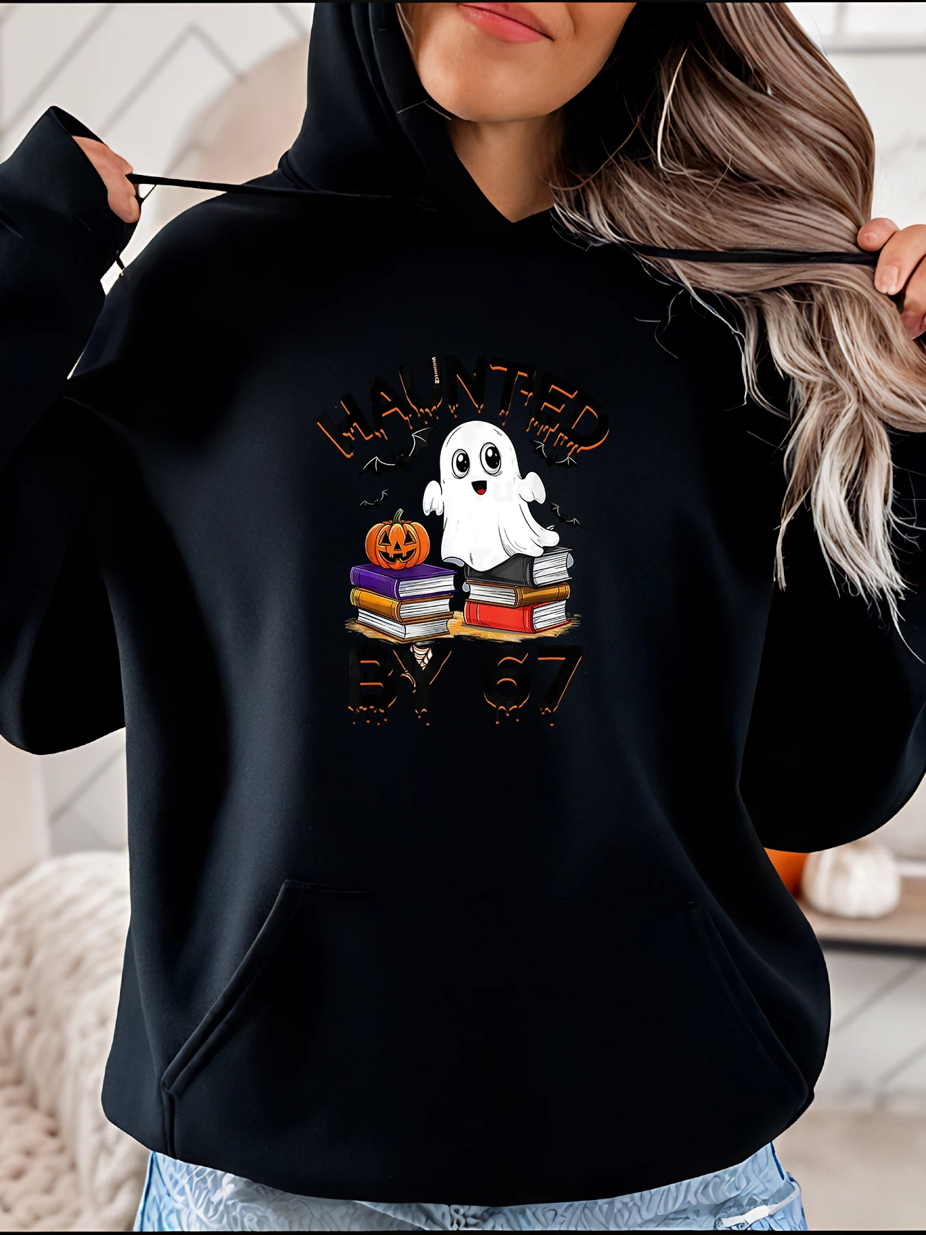 

Толстовка с капюшоном на Хэллоуин, женская повседневная осенне-зимняя толстовка с принтом тыквы и книг для девочек и женщин
