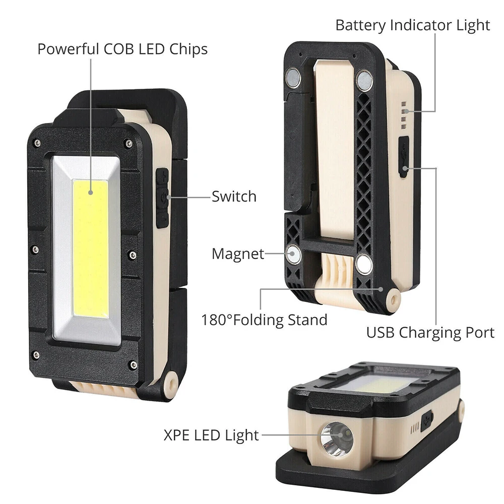 Lampe de travail COB aste USB multifonctionnelle avec aimant, lampe de poche LED super lumineuse, lumière de réparation automatique, lampe de camping portable