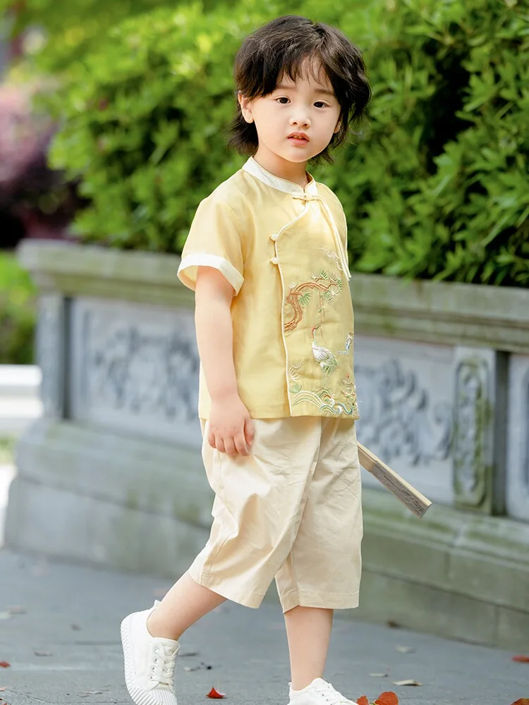 Hanfu Boys' Summer 2024 New Children's Super Cute Loose Short Sleeve Thin Short Embroidery Suit Original Tang Suit