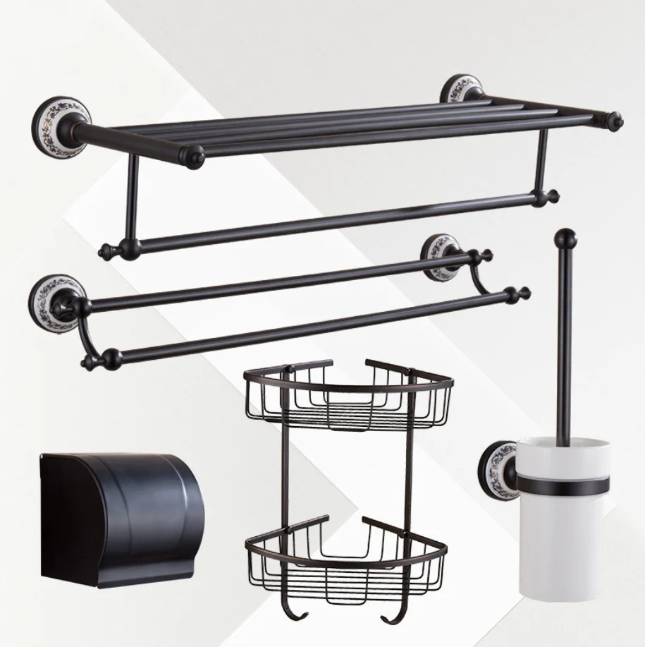 Ceramic Series Black Bronze Copper Bathroom Accessories Towel Shelf Towel Bar Tempered shelves Hotel Hardware Pendant