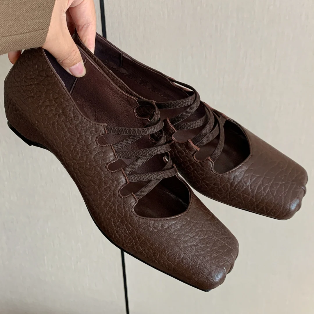 Women's sheepskin square toe slip-on pumps elastic band cross strap 4.5cm wedge med heel casual female daily dress heels shoes