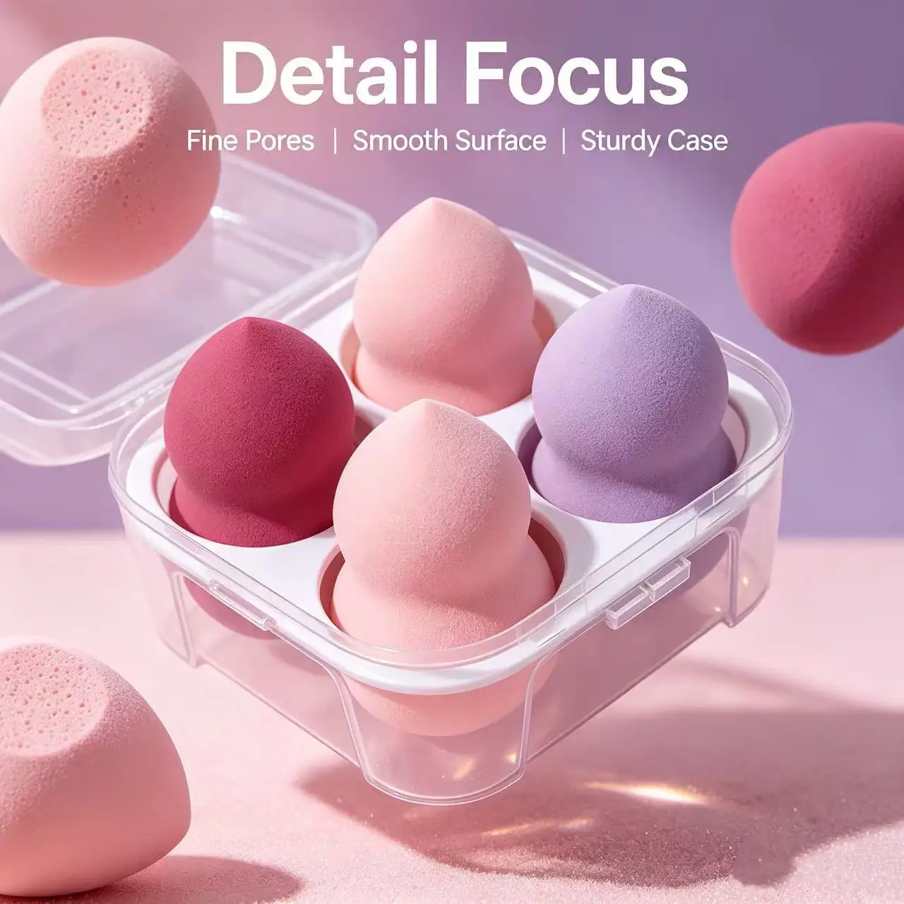 4-piece powder puff set: expands and softens when wet, doesn't absorb product, applies smoothly to the face, portable makeup puf