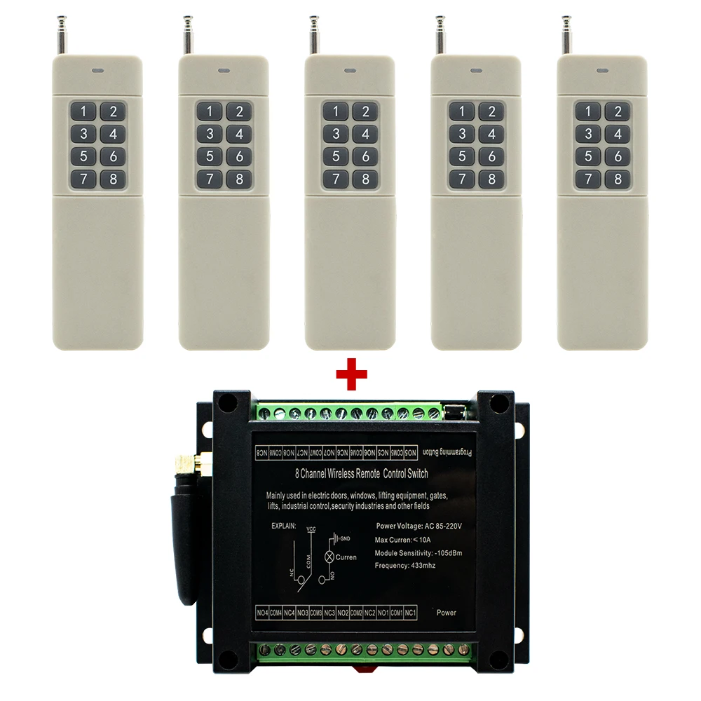 

AC 85-220V 8CH RF Wireless Remote Control LED Light Garage Door Switch System 433MHz Transmitter + Receiver Momentary Toggle