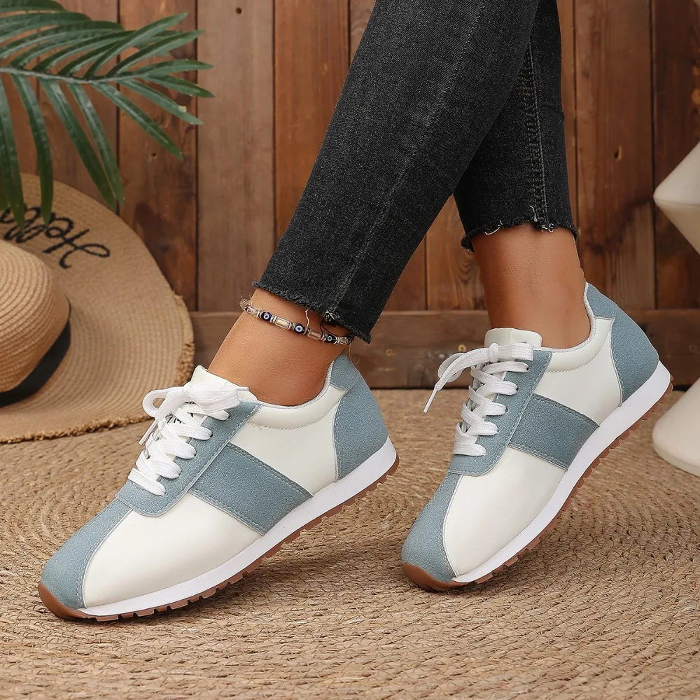 Women Color Block Sneakers Lace Up Patchwork Retro Walking Shoes Ladies Lightweight Casual Flat Athletic Shoes view 5