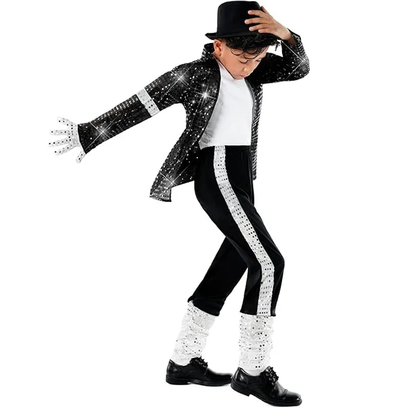 Ragazzo Michael Jackson Billie Jean Cosplay Abito nero Danza Discoteca Halloween Fancy Dress Up Costume pop King anni '80 per bambini