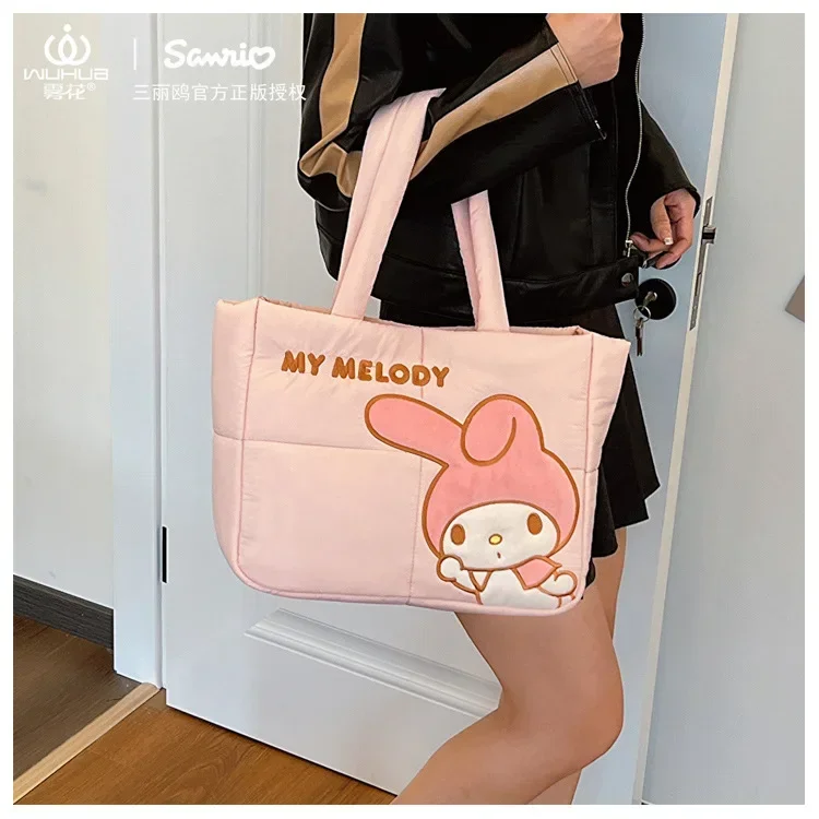 Sanrio-Bolso de mano de Hello Kitty para mujer, bolsa de hombro de tela con dibujos animados, gran capacidad, 2024