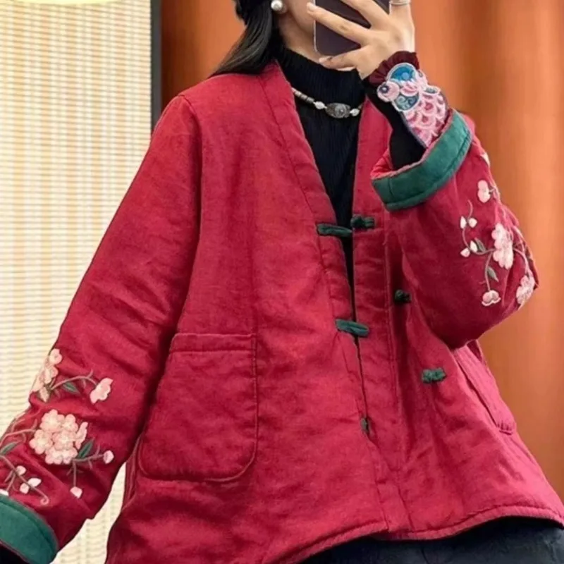 

Women's Fall Winter Tops Coat Cotton Coat Embroidery Plate Button Linen Literary Retro Leisure Soft Comfortable Versatile Niche