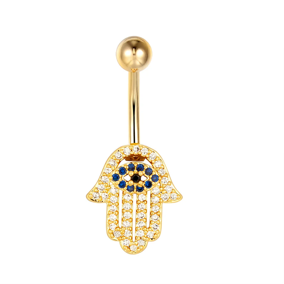 Bohemia Hamsa Hand With Eye Navel Ring 14G 10mm Surgical Steel Barbell Belly Button Ring Piercing Ombligo Turkish Lucky Jewelry