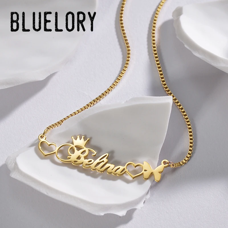 Bluelory Personalized Butterfly Heart Stainless Steel Name Necklaces For Women Girl Charms Necklace Birthday Gift