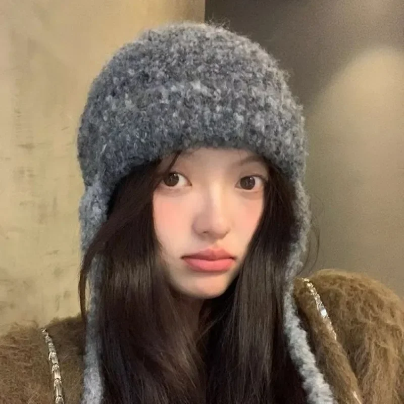 Women's Autumn Winter Cute Knit Ear Flap Hat Warm Fleece Beanie Slimming Face Casual Cap