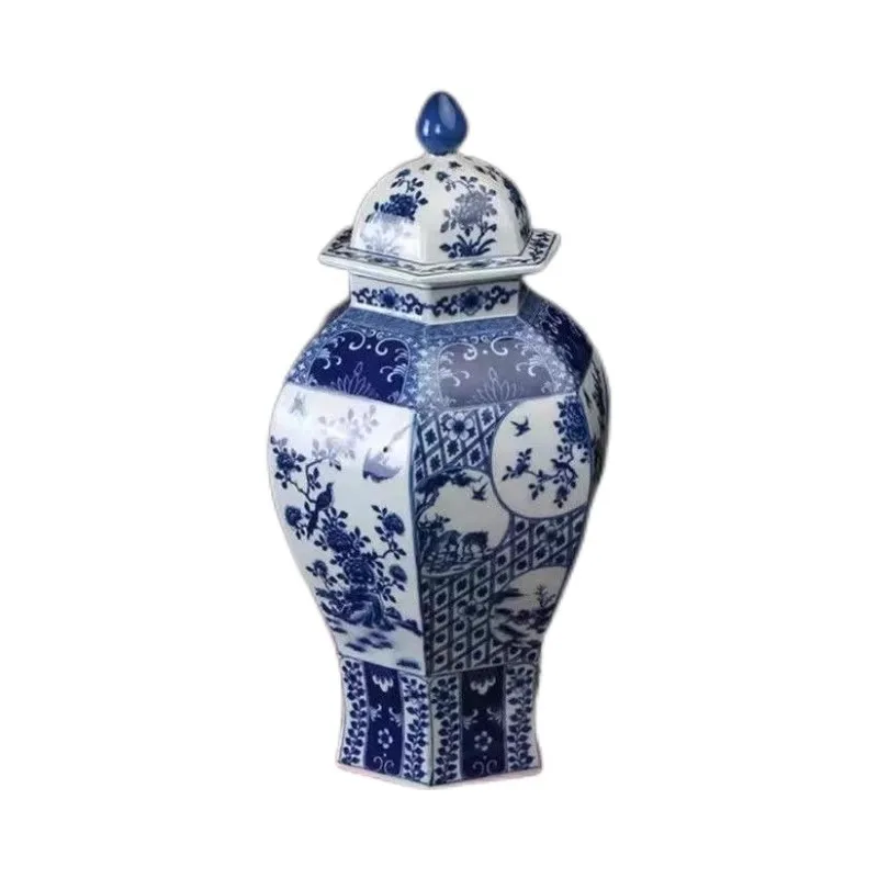 Antique blue and white porcelain ceramic storage tank Chinese tea room home decoration