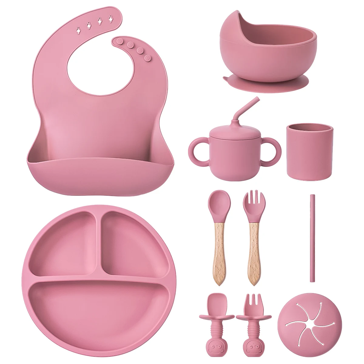 tyryhu-9pcs-set-baby-silicone-feeding-set-wooden-spoon-fork-cutlery-suction-bowl-plate-sucker-training-waterproof-bib-for-gift