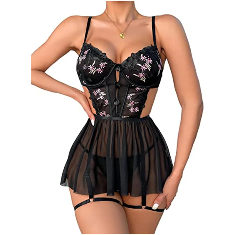 European and American foreign trade lingerie sexy women's mesh embroidery hollow perspective suspender nightgown YQW624