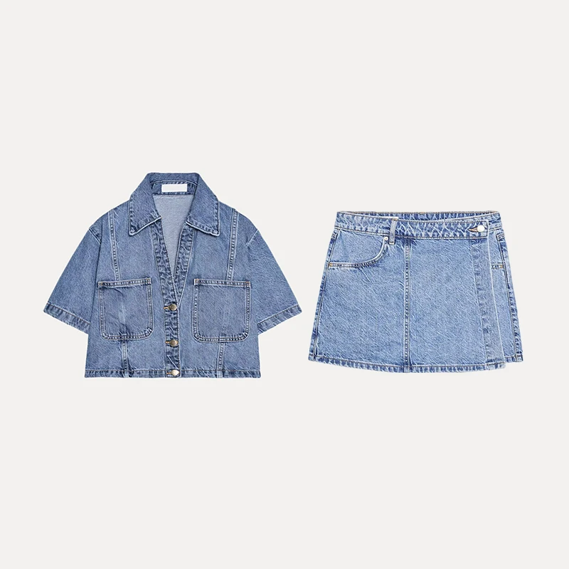 

Spring 2025 Women's Faion ort Collared Denim irt And Skirt Set Polyester Fiber New Arrival Ele Casual Outfit