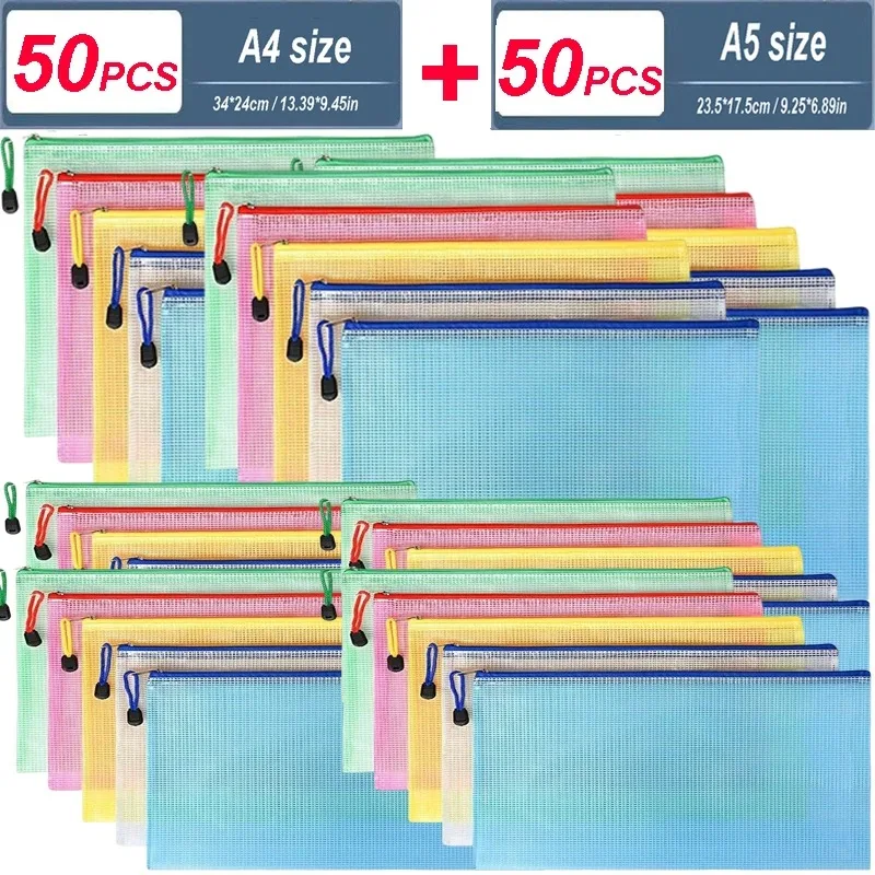 A4/A5/A6 Mesh Zipper File Folder Document Bag Waterproof PVC Stationery Office Supplies Paper Storage Organizer Filing Bags