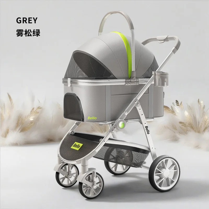 Pet Travel Luxury Aluminum 4-Wheel Dog Stroller With Detachable Carrier One-Hand Fold