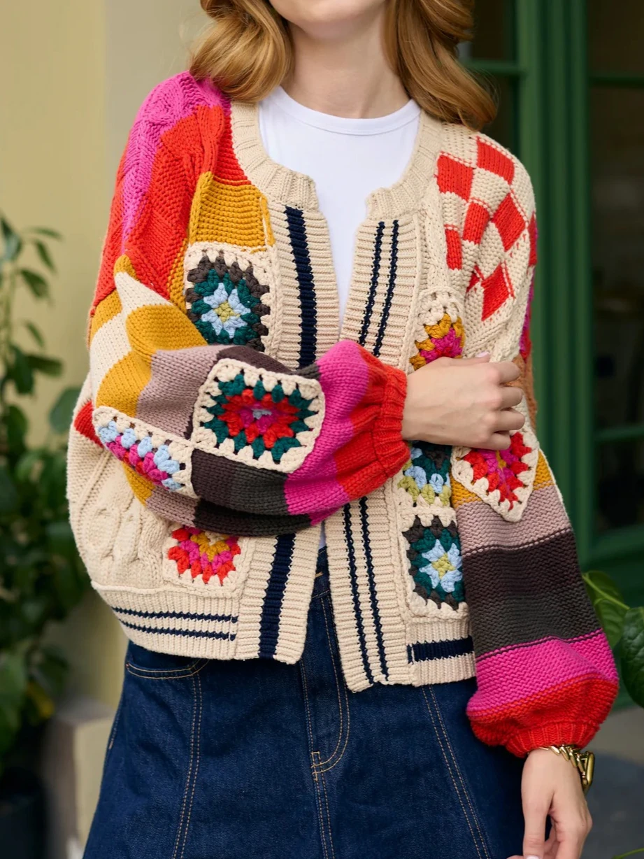 

Vintage Boho Style Knitted Sweater Cardigan Thick Women Autumn Winter Beige Color Block Long Sleeve Loose Casual Ladies Knitwear