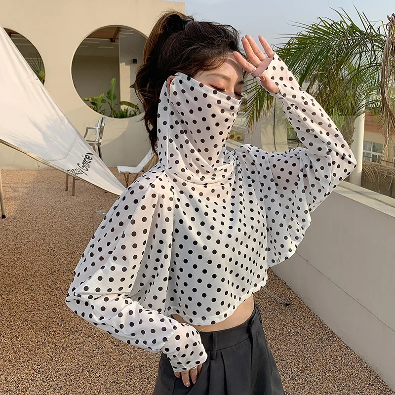 Korean style new long-sleeved sun protection T-shirt polka dot thin section face-covering cute cape summer sweet long-sleeved