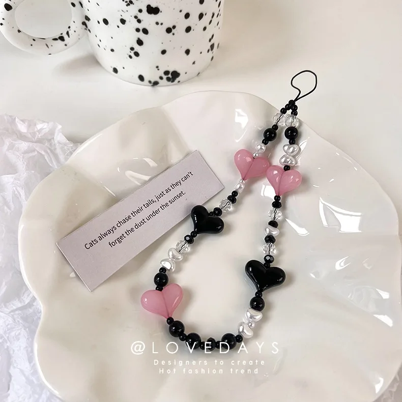 Pink Love Heart Mobile Phone Strap Chain for Women Short Length Korean Fashion Daily Lanyard Lightweight Non Tangle