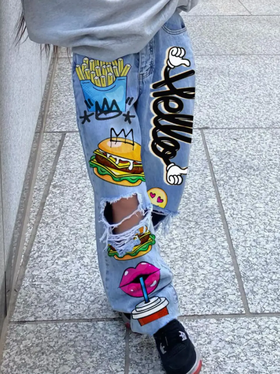 

Street Sle Printed Holey Hip Hop Jeans Women's Faionable Denim Pants Bell Bot Asymmetric 3D Effect Cotton Casual Jeans