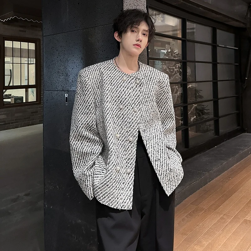 

Spring Faion Pad oulder Double Breasted Men's Jaet Luxury Tweed ort Sle Casual Outerwear Polyester Fiber