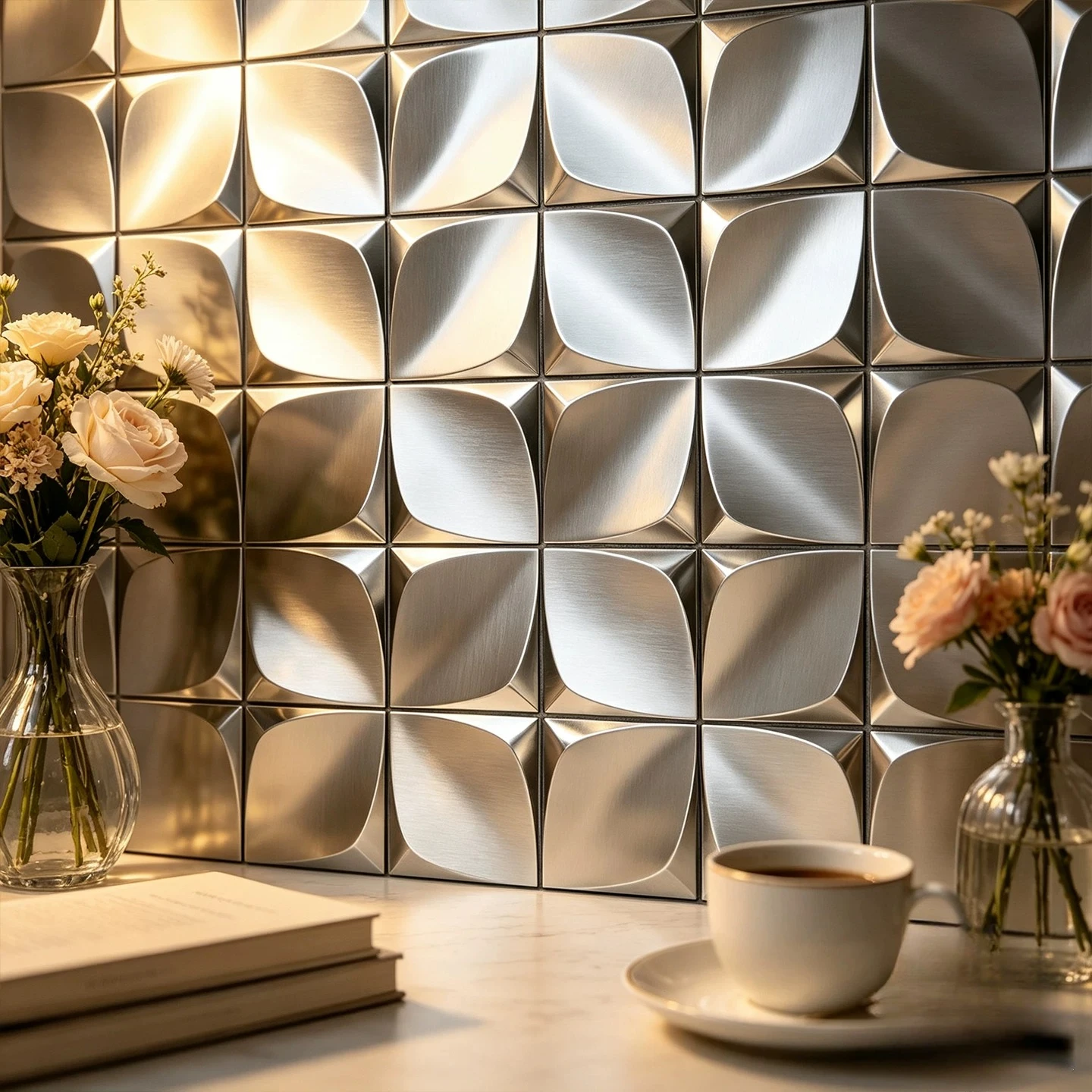 Brushed Stainless Steel Wall Sticker Convex Mirror Mosaic Tile Metal Wall Panel for KTV Bar Club Entrance Background Wall Decor
