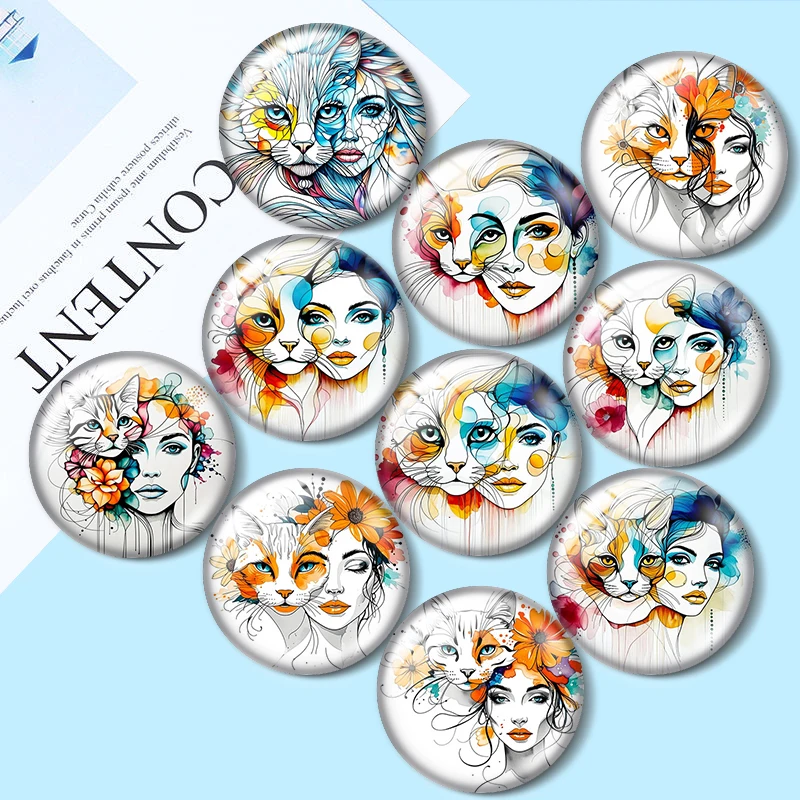 

Floral Woman and Cat 10pcs 12mm/18mm/20mm/25mm Round photo glass cabochon demo flat back Making findings