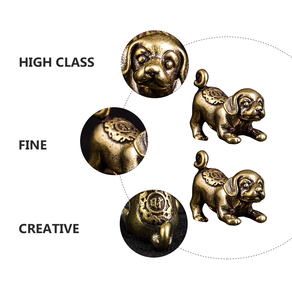 2 Pcs Chinese Dog Charm Puppy Decorative Pendant Copper Craft Desktop Adornment