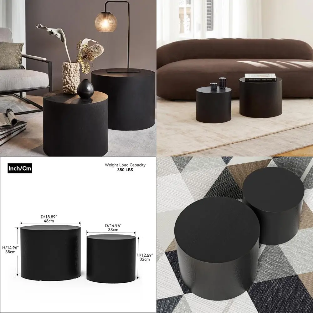 طقم طاولة قهوة مستديرة سوداء حديثة، قطر 18.9، تصميم متداخل للمساحات الصغيرة، طاولات جانبية معاصرة للملكنة والمخزن #1