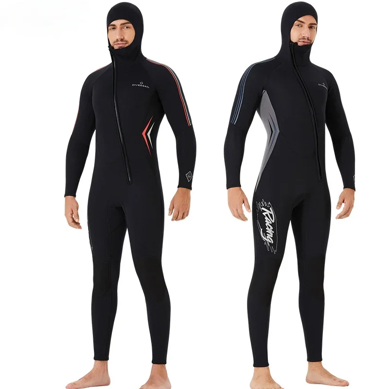 DIVE&SAIL 3MM Wetsuit for Men with Hood, Thickened and Warm Winter Diving Suit, One-Piece Cold-Resistant Surfing Wetsuit