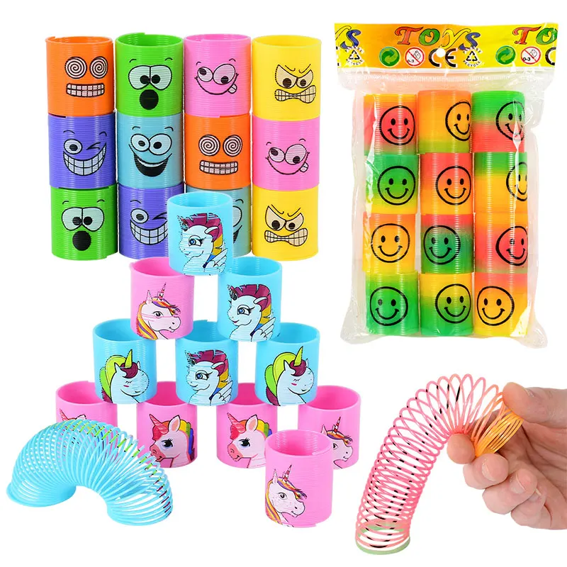 12Pcs Rainbow Unicorn Cartoon Smile Magic Springs Circle Toys Kids Boy Girl Birthday Party Favors Giveaway Gifts Pinata Fillers