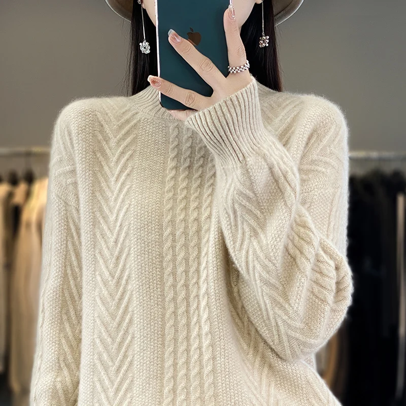 4-color New Women\'s 100 Pure Wool Knitted Women\'s Half High Neck Pullover Sweater Loose and Comfortable Autumn and Winter Women\'