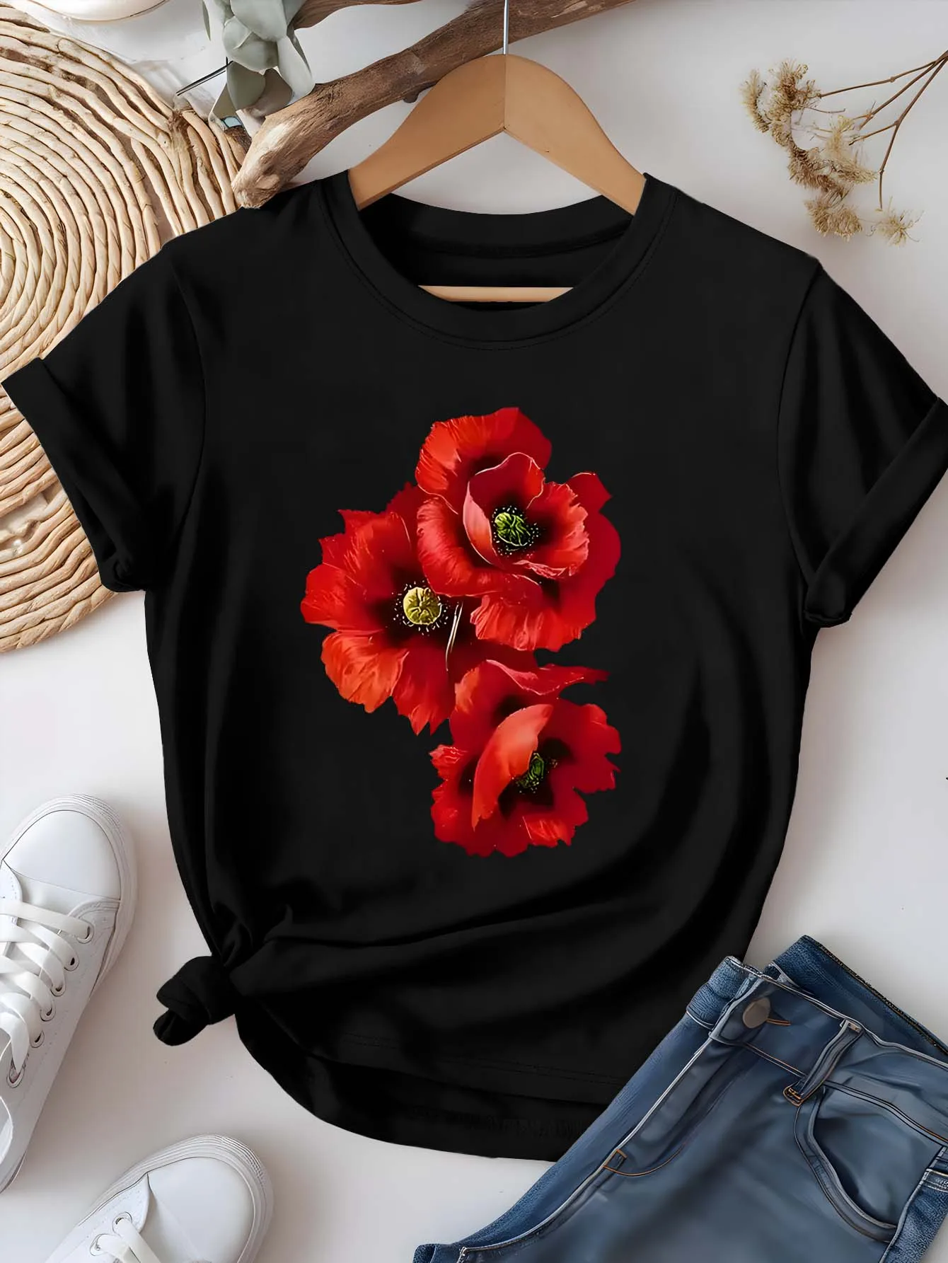 

Plus Size Artistic Flower Graphic Chic Elegant Romantic Summer Short Sleeve Tee
