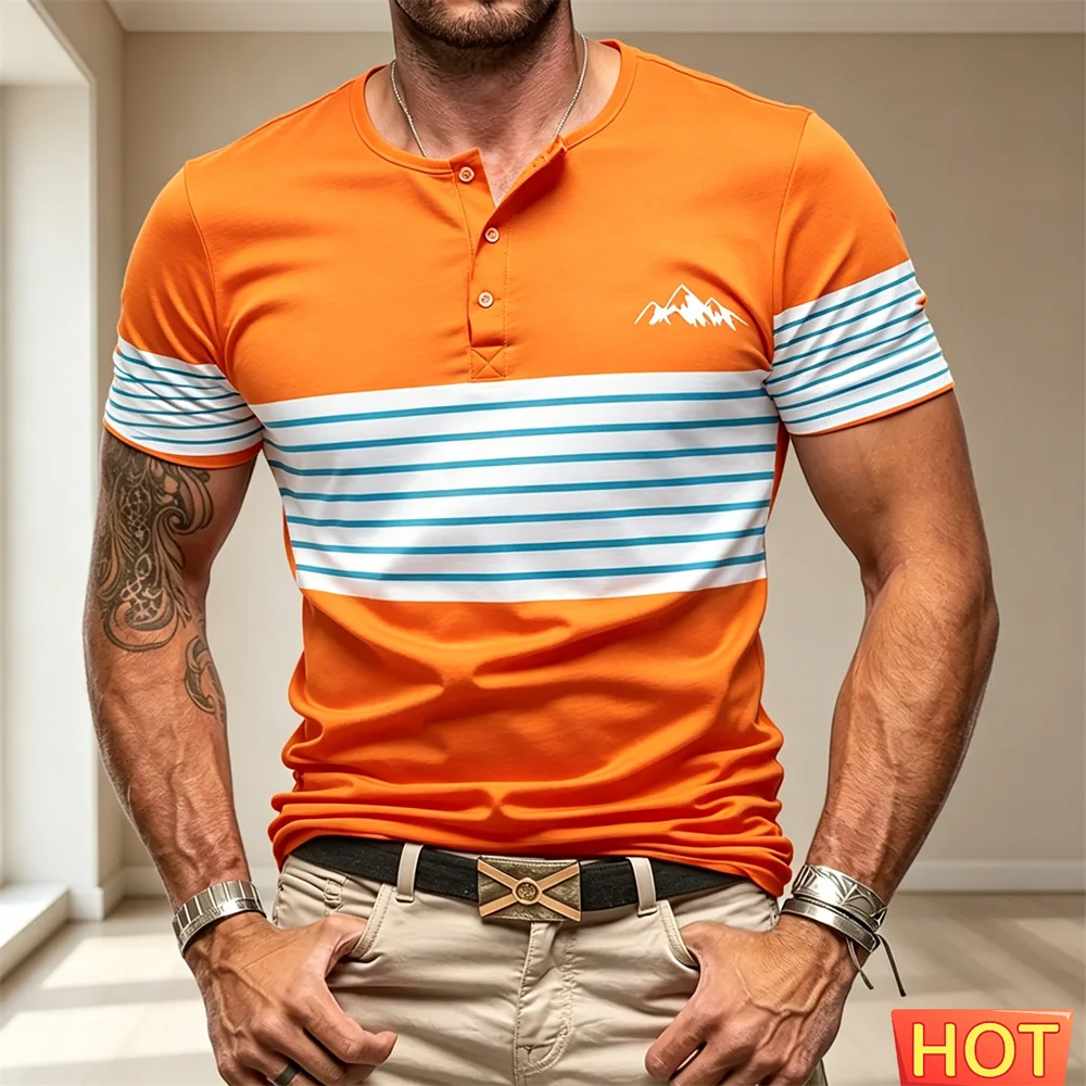 Men's Henry T-shirt Summer Classic T-Shirt Striped Men's button up T-shirt Short Sleeves Tees Streetwear Sports y2k Henry shirt