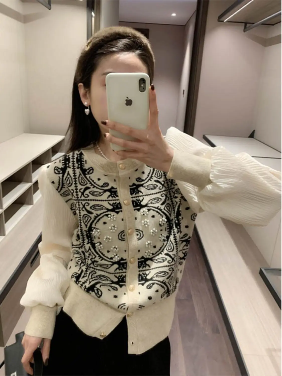 Small Fragrant Wind Beading Sweater for Women\'s Spring and Autumn 2024 Design Feeling Cardigan Western Knit Print Tops X746