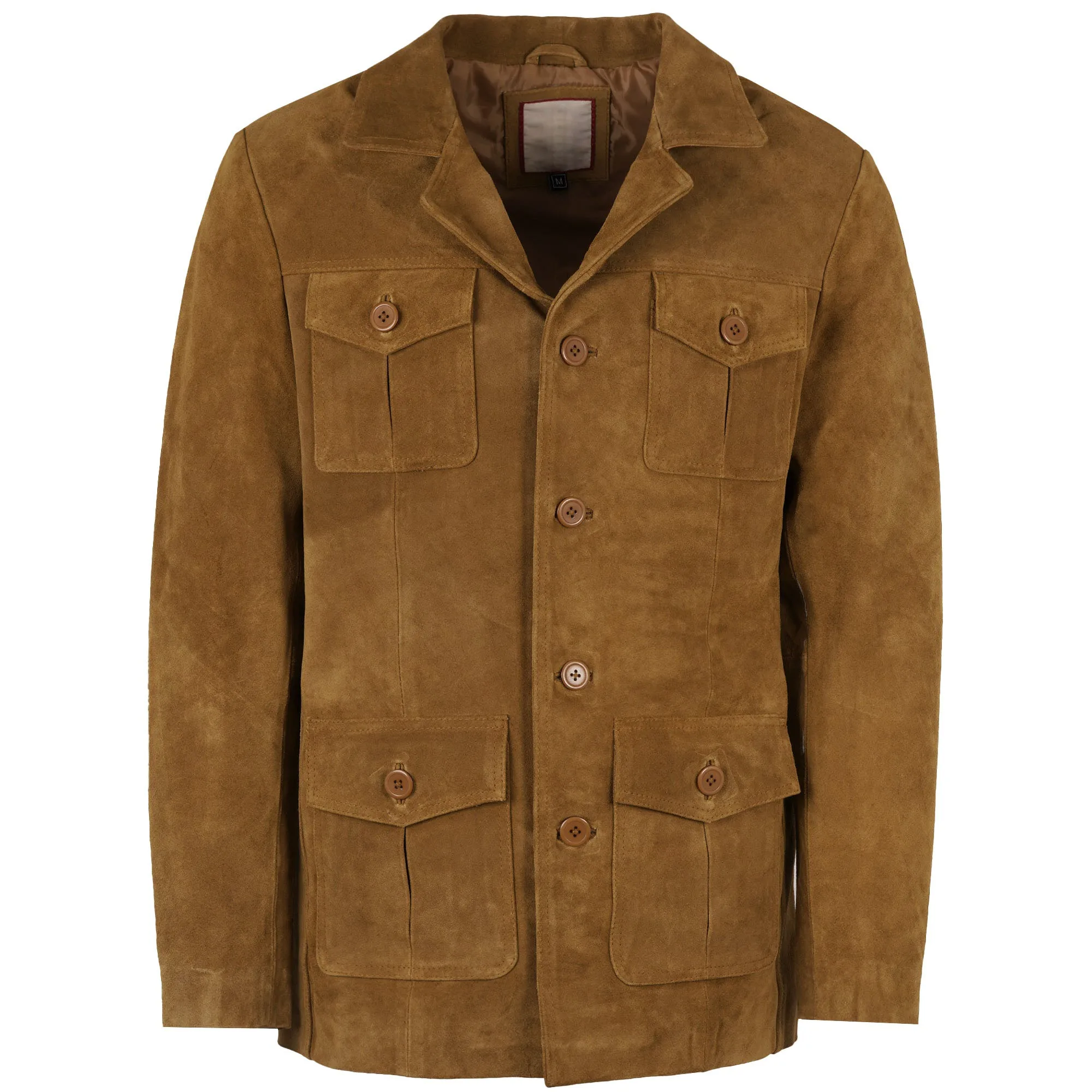 Vintage Brown Faux Suede Field Jacket with Four Flap Pockets and Button Front Men Autumn Outdoor Coat Customized M265614